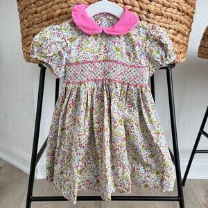 Smocked Floral Dress with Pink Collar